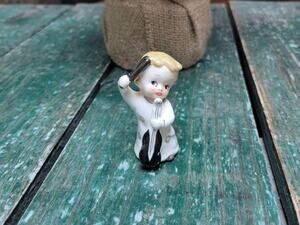 Vintage Japan Miniature Choir Boy Cello Player Figurine White Gold Trim Kitsch